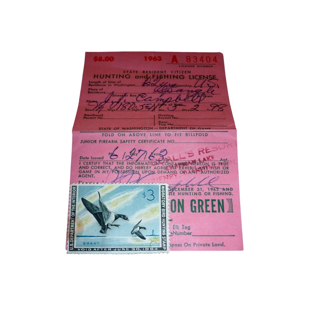 1963 Washington Hunting Fishing License with $3 Brant Duck Stamp Ephemera